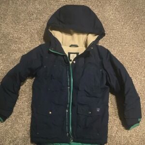Lands' End Boys Navy Hooded Puffer Jacket Zip Mid-Length Size S